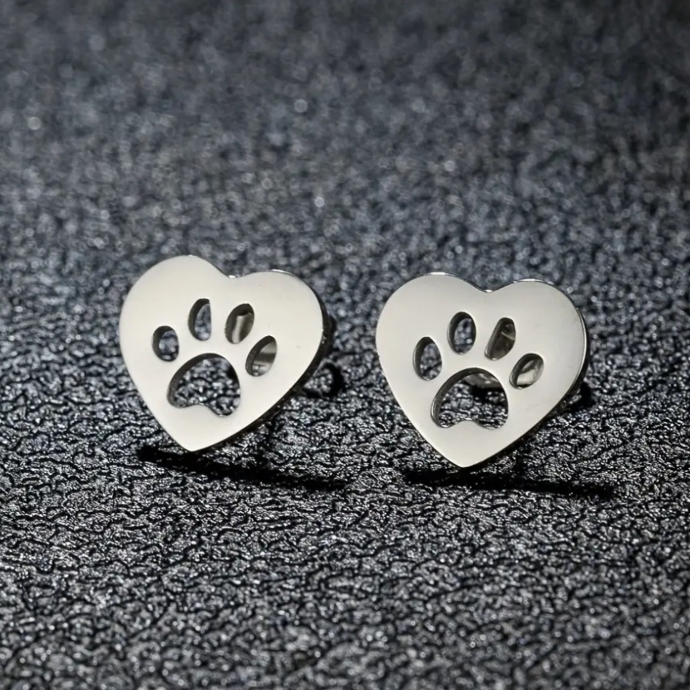Love My Pet Paw Print in a Heart Silver Toned Stud Earrings - Picture 2 of 2